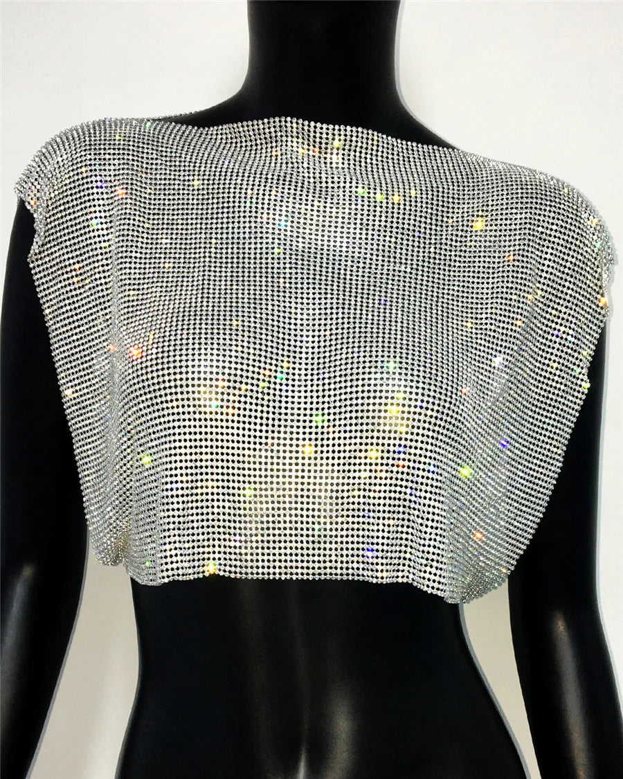 Shiny Rhinestone Metal Sequins Crop Tops Summer Women Sexy Round Neck Handmade Camisole Nightclub Party Club Tank Tops