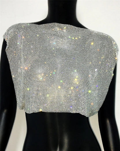 Shiny Rhinestone Metal Sequins Crop Tops Summer Women Sexy Round Neck Handmade Camisole Nightclub Party Club Tank Tops