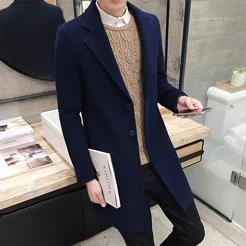 Mens Long Cotton Coat spring autumn New Wool Blend Pure Color Slim Casual Business Fashion Mens Clothing Slim Windbreaker Jacket