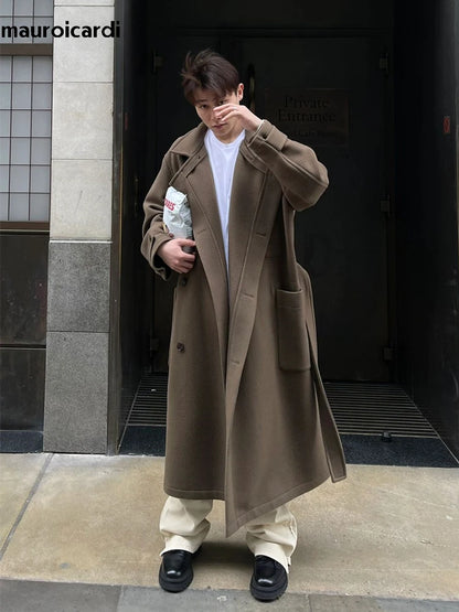 Mauroicardi Autumn Winter Oversized Long Warm Brown Wool Blends Coat Men Luxury Designer Unisex Clothes Woolen Overcoat 2024