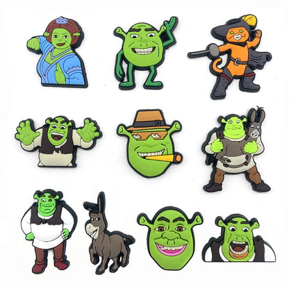 10PCS Shrek Cartoon Shoes Charms Set Fiona Donkey Puss in Boots Shoe Decorations for Clogs Sandals Funny Movie Shoe Accessories