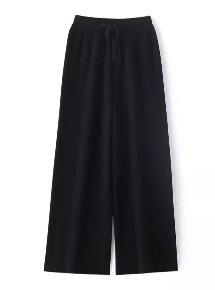 High Waist Wool Knitted Wide Leg Pants Women's Outerwear Autumn Winter Thickened Floor-Length Straight Cut Casual Trousers