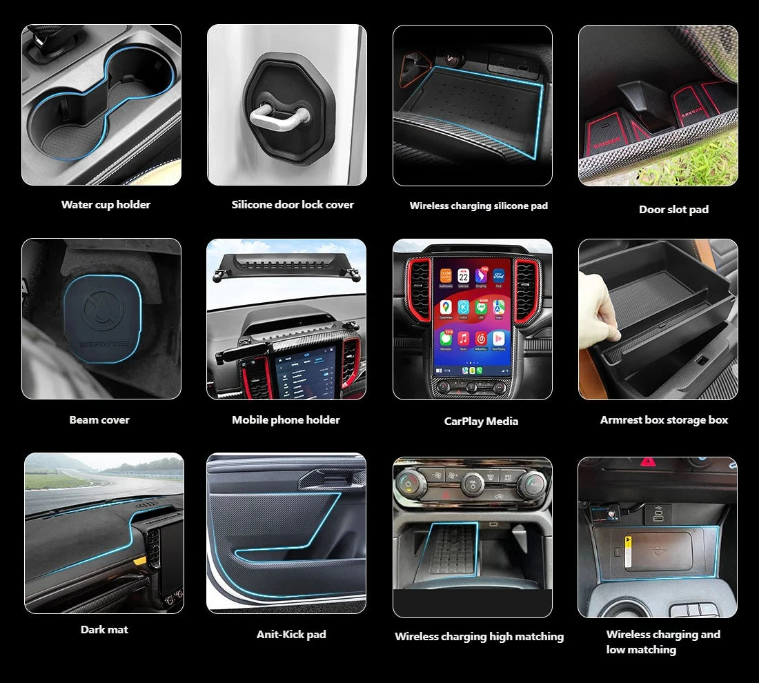 For Ford Ranger P703 T9 XL XLT Wildtrak Raptor 2023-2025 Carbon Fiber Texture Gear Shift Panel Cover Interior Trim Full Set