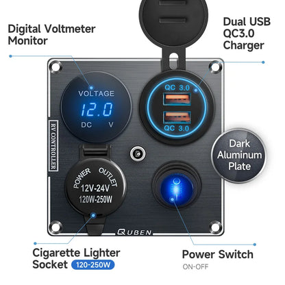 Dual Port Usb 36W On Off Digital Led Voltmeter For Car Splitter Cigarette Lighter Socket 12V QC Adapter 3.0 Quick Phone Charger