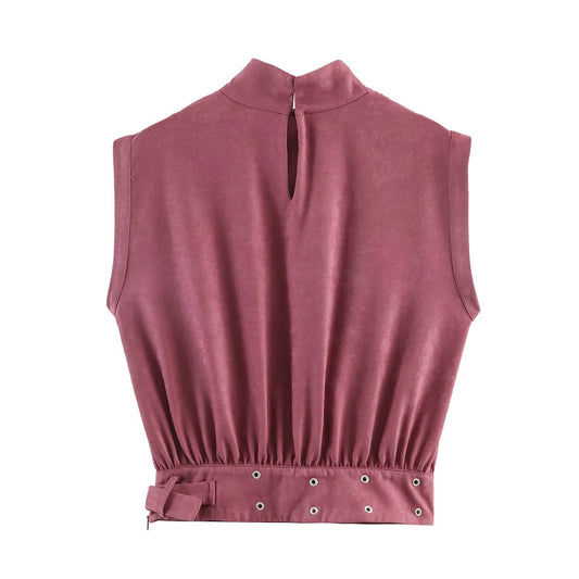New Spring 2026 Women's High Collar Sleeveless Shoulder Ruffle Anti Velvet Effect with Buckle Top