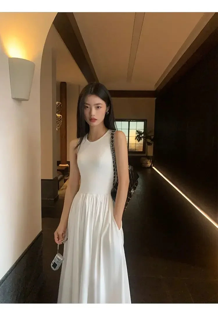 New Vintage Black Tank Top Midi Dress Wedding Dresses for Women Clothing O Neck Office Lady Casual Pockets Women's Clothing