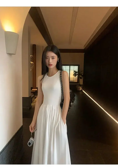 New Vintage Black Tank Top Midi Dress Wedding Dresses for Women Clothing O Neck Office Lady Casual Pockets Women's Clothing