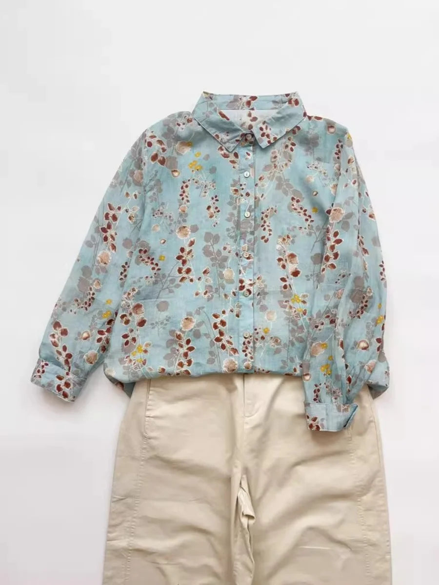 Loose Fit Linen Shirt Women's Thin Long Sleeve Casual Open Cardigan Top Artistic Print Commute Style Autumn Winter Shirt