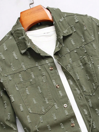 Men's Army Green Textured Ripped Long-Sleeve Denim Shirt, Vintage Casual Lapel Workwear Shirt with Chest Pocket