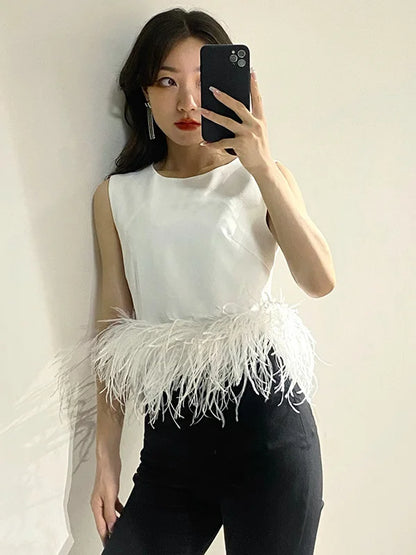 TWOTWINSTYLE Black Patchwork Feathers Korean Fashion Shirt Top Women Round Neck Sleeveless Slim Tops Female 2021 Summer Clothing