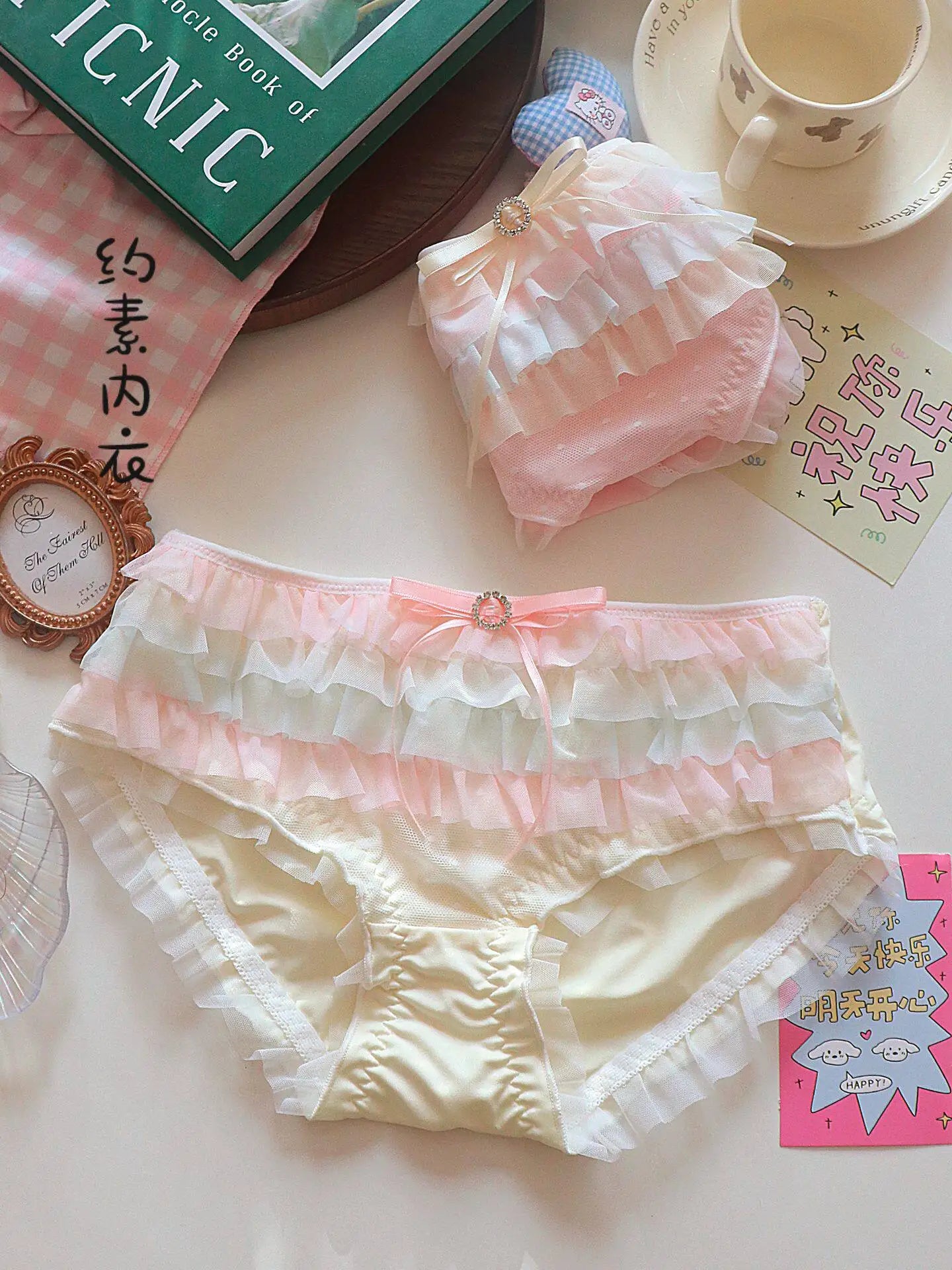 Japanese Lolita Princess Lingerie Women Pure Desire Cake Layer Lace Mesh Cotton Crotch Party Bra Panty Set Cute Comfortable Soft