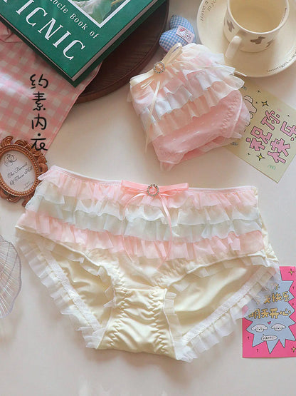 Japanese Lolita Princess Lingerie Women Pure Desire Cake Layer Lace Mesh Cotton Crotch Party Bra Panty Set Cute Comfortable Soft