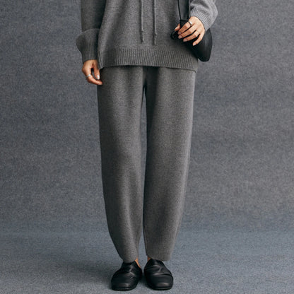 Women's 100% Cashmere Casual Solid Color Knitted Jogging Pants Elastic Waist Sports Pants with Pocket Thickened Warm
