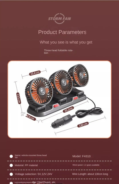 3 Heads Car Fan 360° Adjustable Cooling Fan USB/12V/24V Car Electric Fan 2 Speed Silent Cooler for Dashboard RV Truck SUV