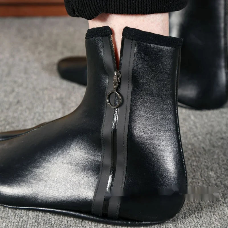 Unisex Zipper Black Winter Stockings Adult Men and Women Middle High Tube Fleece-lined Thick Keep Warm Leather Floor Room Socks