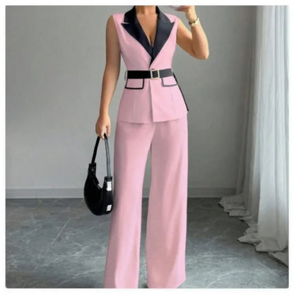 Women's Office Lady Ensemble Outfit Autumn Sleeveless Straight Leg Pants Set Classy Bandeau Elegant Style Top And Vest 2 Set