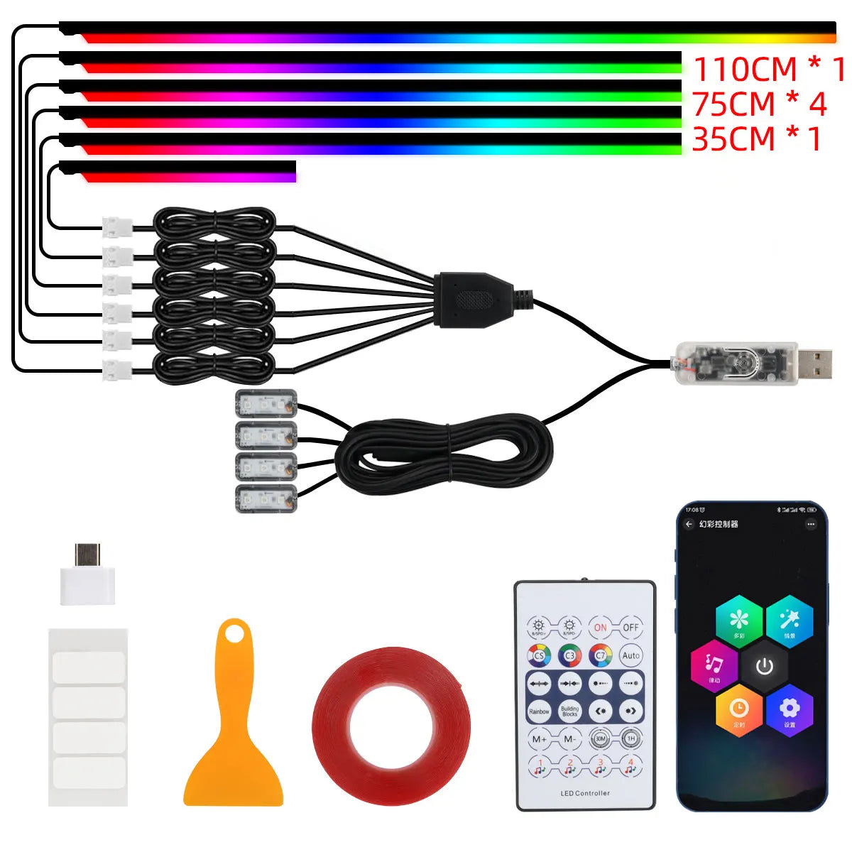 10 in 1 Car Interior Acrylic LED Ambient Lights For Tesla USB APP Remote Control RGB Symphony Atmosphere Lamp with Cigar Lighter