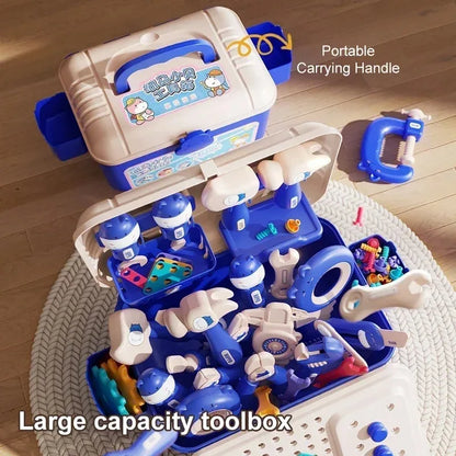Kids pretend play hippo repair toolbox with simulation electric drill, screw tightening, take-apart & assembly play set.