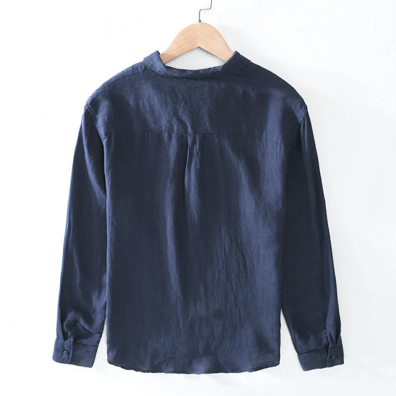 100% Linen Loose Square Collar Long Sleeve Shirt, Men's Pullover Leisure Stone Washed Linen Top, Outdoor Camping Natural Fabric