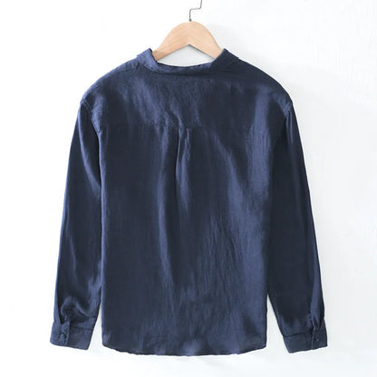 100% Linen Loose Square Collar Long Sleeve Shirt, Men's Pullover Leisure Stone Washed Linen Top, Outdoor Camping Natural Fabric