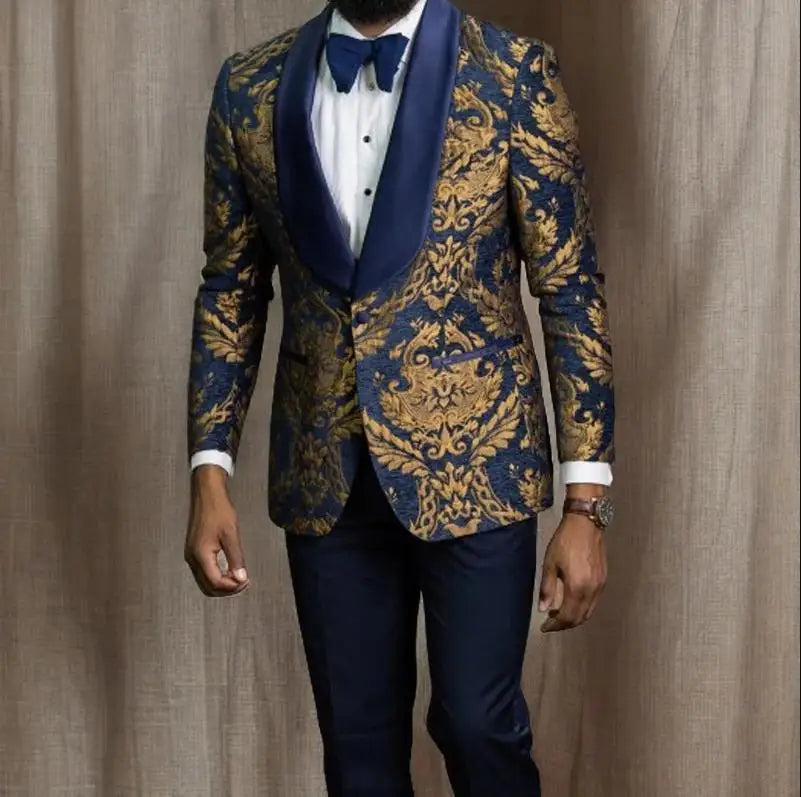 Jacquard Floral Tuxedo Suits for Men Wedding Slim Fit Navy Blue and Gold Gentleman Male Costume Suit Set