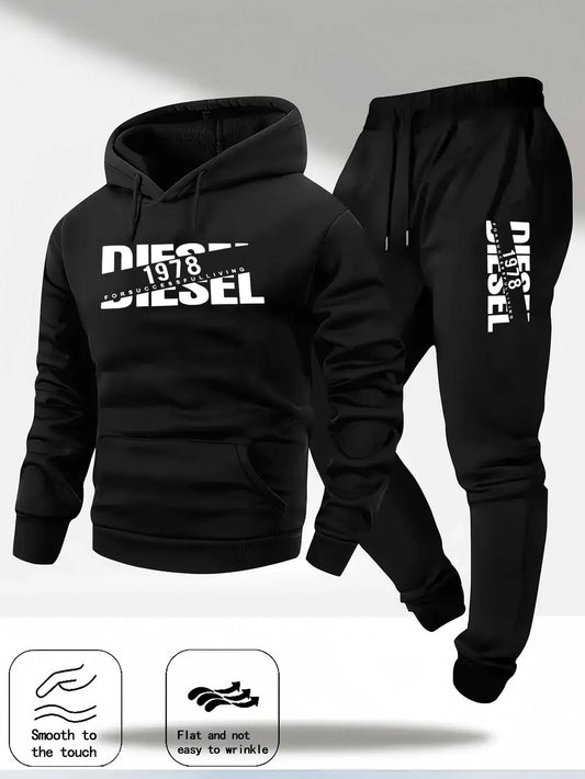 Men Fashion Print Tracksuit Hooded Sweatshirt+Sweatpants Set Autumn Winter Casual Fitness Jogging Sports Two-Piece Unisex Outfit