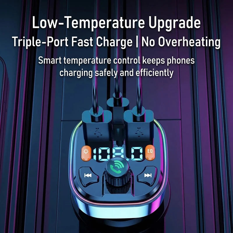Car Bluetooth 5.0 FM Transmitter Audio Adapter RGB Colorful Light Triple Port PD Fast Charger And USB & One-Key Deep Bass Boost