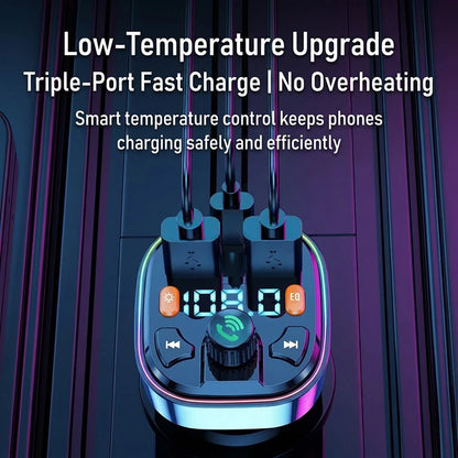 Car Bluetooth 5.0 FM Transmitter Audio Adapter RGB Colorful Light Triple Port PD Fast Charger And USB & One-Key Deep Bass Boost