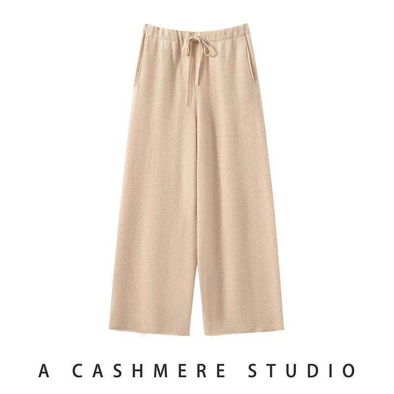 Ladies 100% Cashmere Knitted Wide Leg Pants Casual Solid Color Loose Fit Elastic Waist Floor-Length Poc Matching Pants
