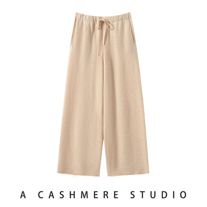 Ladies 100% Cashmere Knitted Wide Leg Pants Casual Solid Color Loose Fit Elastic Waist Floor-Length Poc Matching Pants