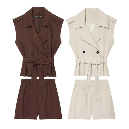 European and American style 2026 summer new style double-breasted vest with belt and elastic waist casual shorts suit