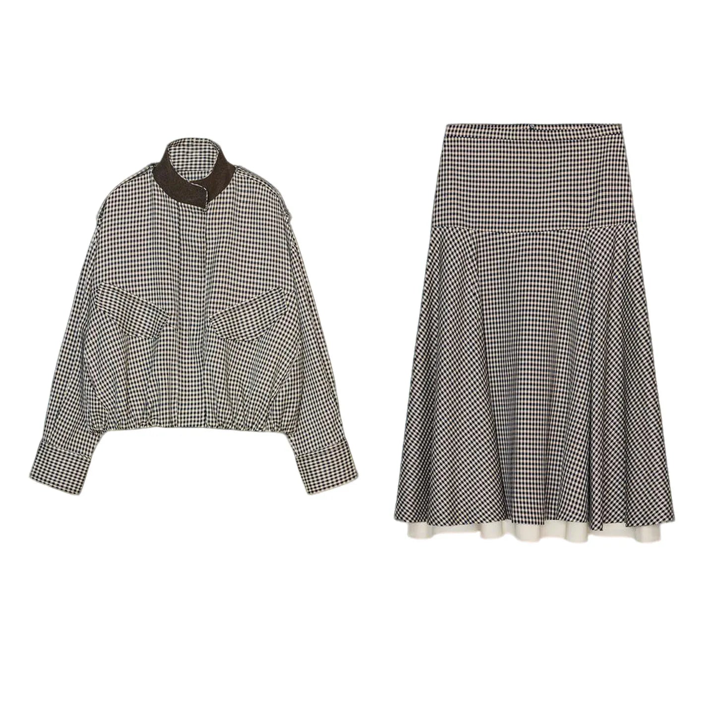 Color Block Plaid Pilot Jacket Coat High Collar Long Sleeve Women's Spring Fashion Set with Midi Skirt Spring Season Pattern