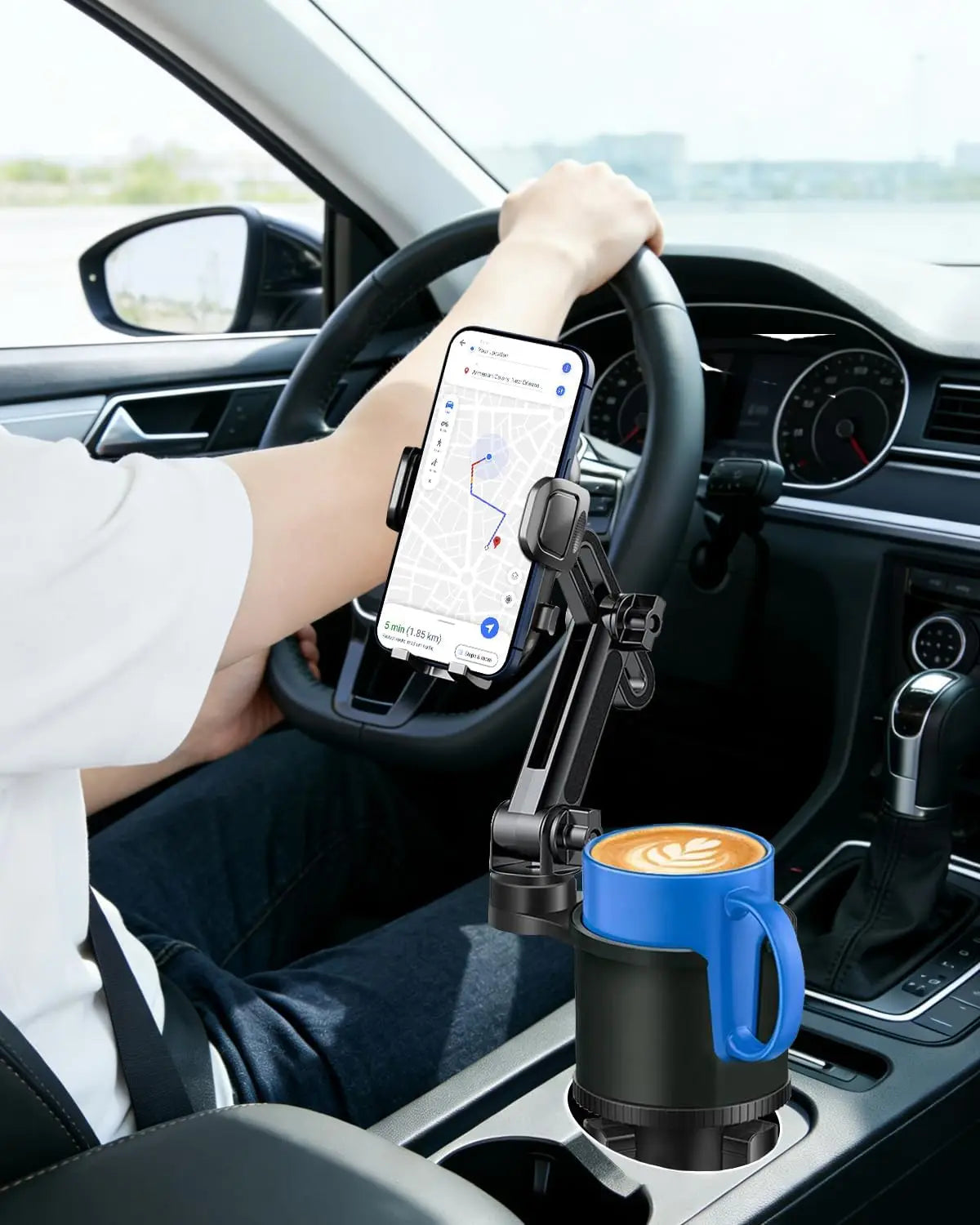 Cup Phone Holder for Car, 2 in 1 Height-Adjustable Dual Cell Phone Holders Car Cupholder Mount, Fit Large Bottle & All Cellphone