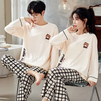 2023 New Cartoon Cute Pajamas Set for Couples Cotton Long Sleeves Sleep Top & Long Pant Spring Nightwear for Men and Women Pjs