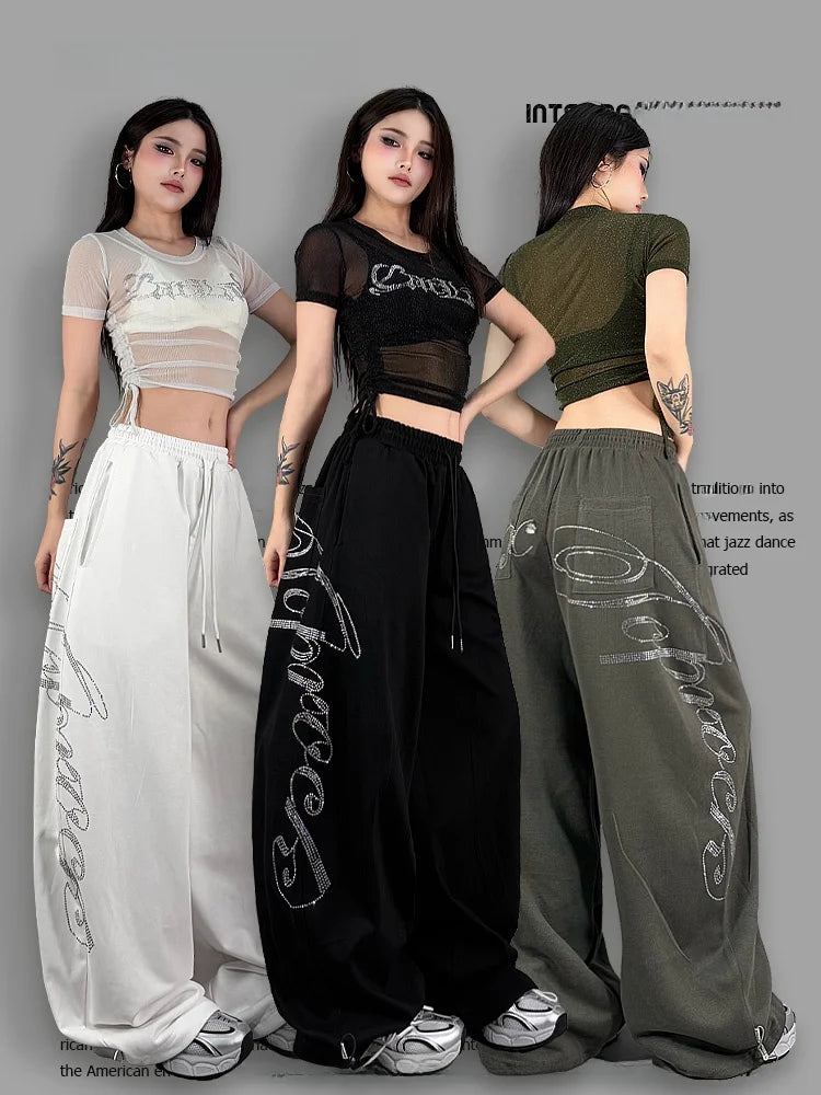 ROKBBK-K Glitter High Waist Wide Leg Pants Women's Street Dance Casual Loose Fashion Cotton Drill Lettering Trousers