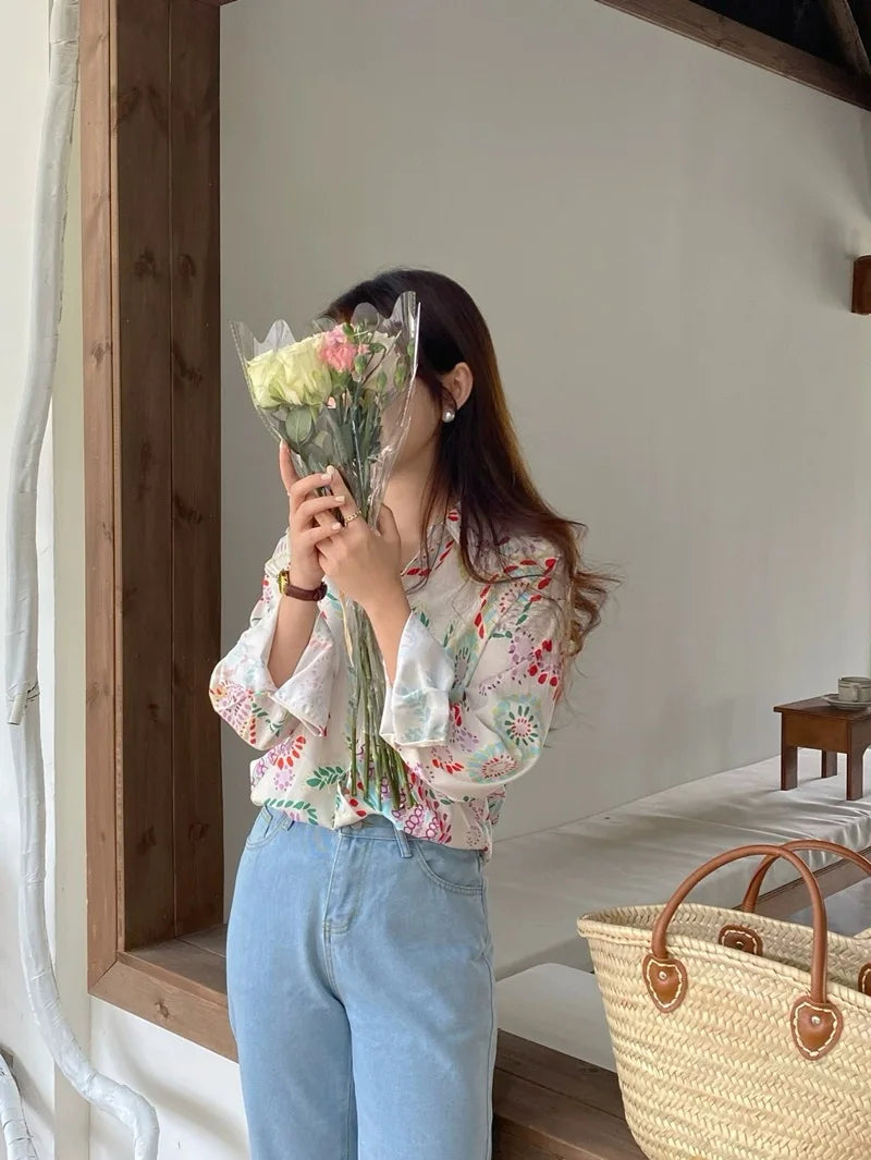 Chic Women's Shirt Vintage Gentle Loose Design Sensation Elegance Korean Style Long Sleeve  Collar Print Casual Fashion
