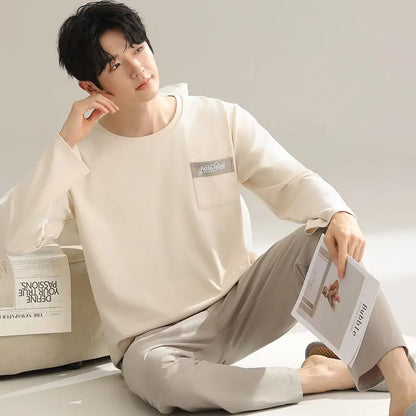 2024 Autumn Long Sleeve 100% Cotton Pajamas Sets for Men Korean Loose High Quality Sleepwear Pyjamas Male Homewear Home Clothes