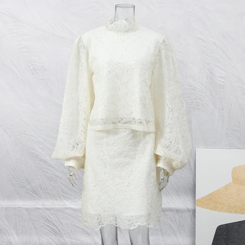Trendy Lady Hollow Out Lace Mini Dress Elegant 2025 New Long Sleeve Designs Chic High Neck Short Vestidos Autumn Club Night Gown
