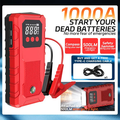 Hot Sale Car Jump Starter 150W DC Power Bank, 12V Battery Booster with Smart Clamps LED Screen Phone Charger。