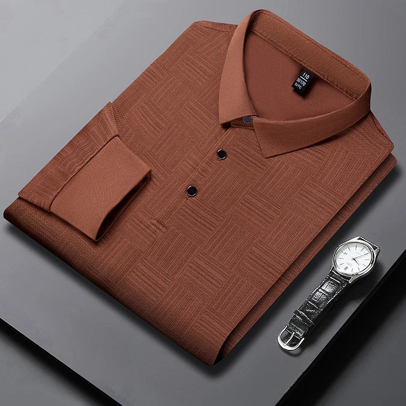 Spring Man Casual Turn-Collar Long-Sleeve T-Shirt Polo Shirt Half-Button Design Lapel Fashion Versatile Solid Color Men Clothing