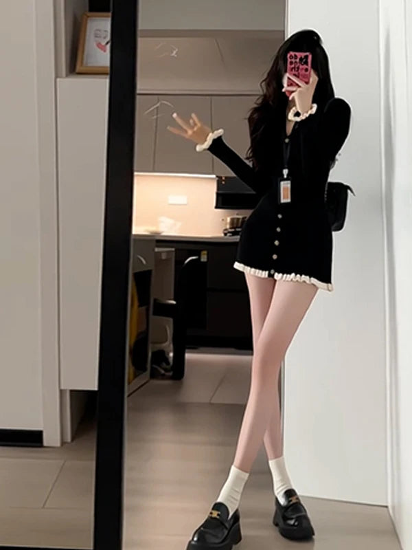 Elegant Black Knitted  Dress Women's Fashion Autumn Winter 2025 New Style High-End Feelings A-Line Skirt V-Neck Long Sleeve