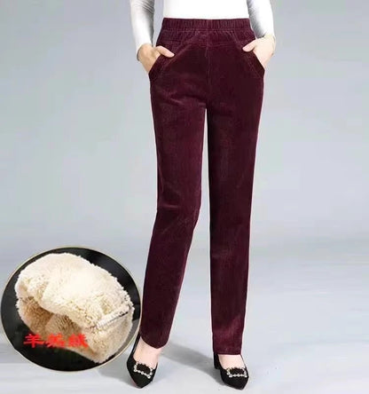 Thickened Fleece Corduroy Pants High Waist Harlan Style Winter 2024 New Women's Casual Trousers Elastic Waist Pocket Detail