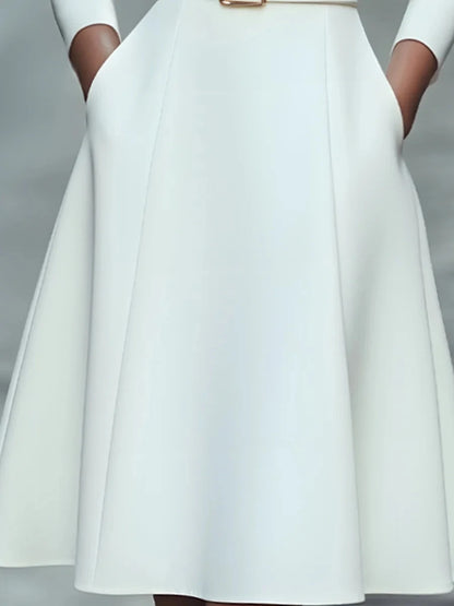 Autumn and winter temperament commuting waist slimming V-neck long-sleeved A-shaped medium-long belt skirt for women