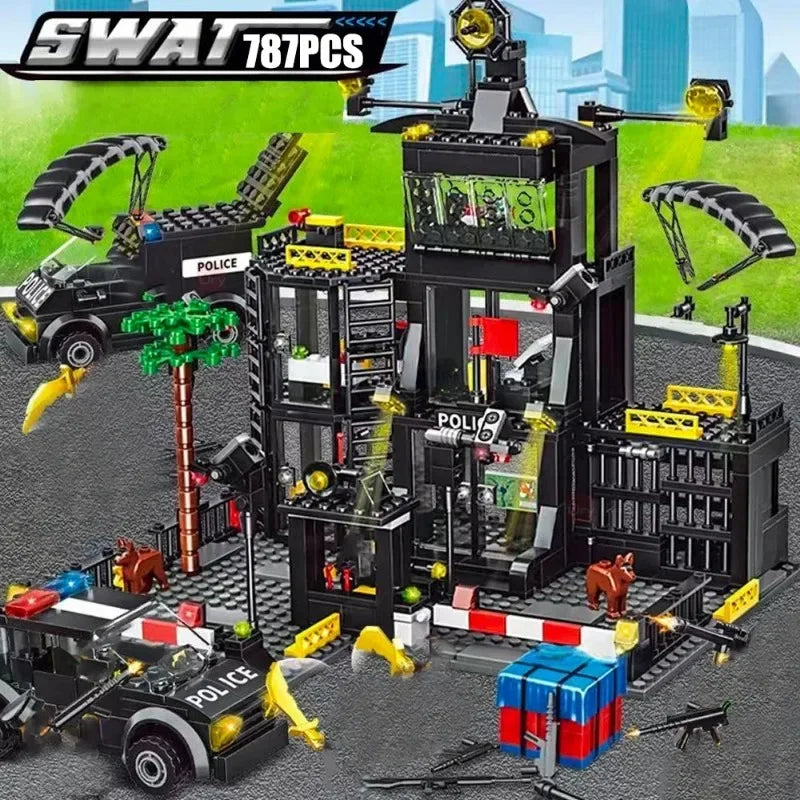 SWAT Police Station Military Building Blocks City Model Set Prison Car Policeman Boat Figures DIY Brick Toy for Kids Boys Gift