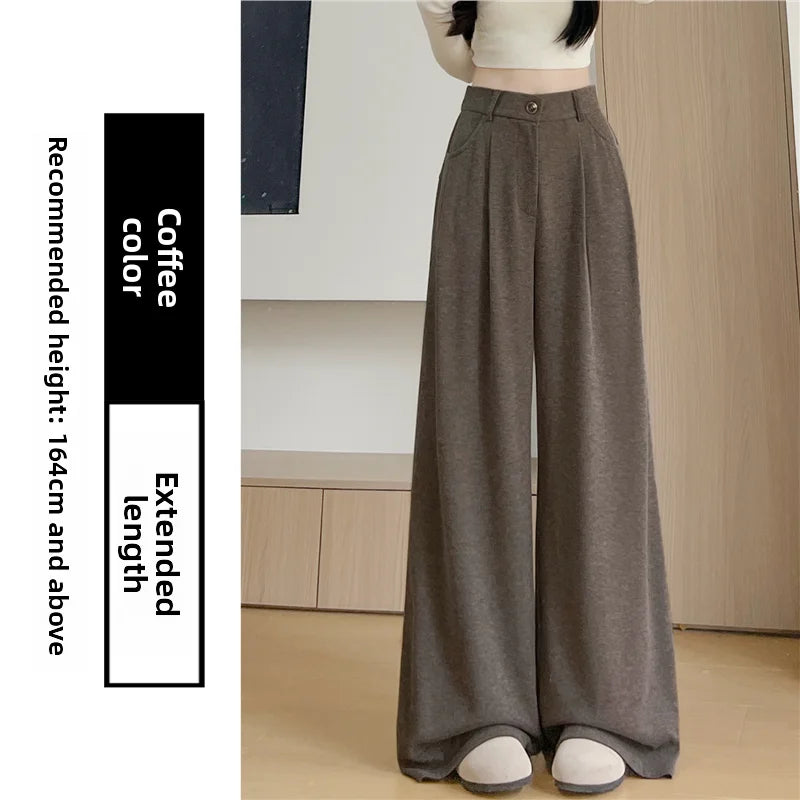 Korean Style High Waist Loose Fit Fleece Lined Wide Leg Pants Women's Autumn Winter New Arrival Straight Cut Trousers
