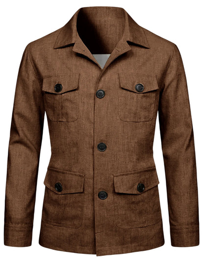Men's Linen Blend Safari Jacket Retro British Style Multi-Pocket Workwear Coat Business Casual Suit Blazer for Spring Summer