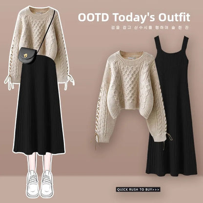 plus Size Autumn Winter Knitted Sweater Dress Set Women's High End Fashion Slimming Two Piece Suit Commute Style Long Sleeve ...