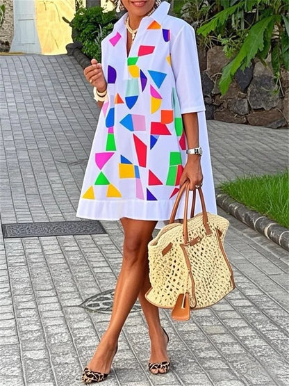 2026 New Fashion Geometric Printed White Shirt Dress For Women Half Sleeves Loose Going Out Vacation Mini Dresses