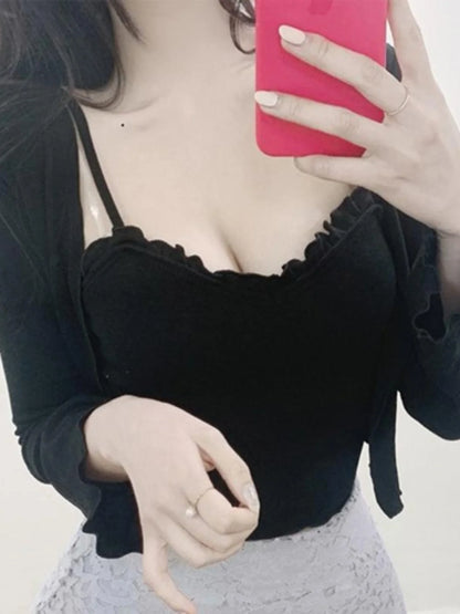 plus Size Women's Slim Fit Top with Big Flounce Sleeves Vest Cardigan Two-Piece Set T-Shirt Spring Autumn Commute Style V-Nec...