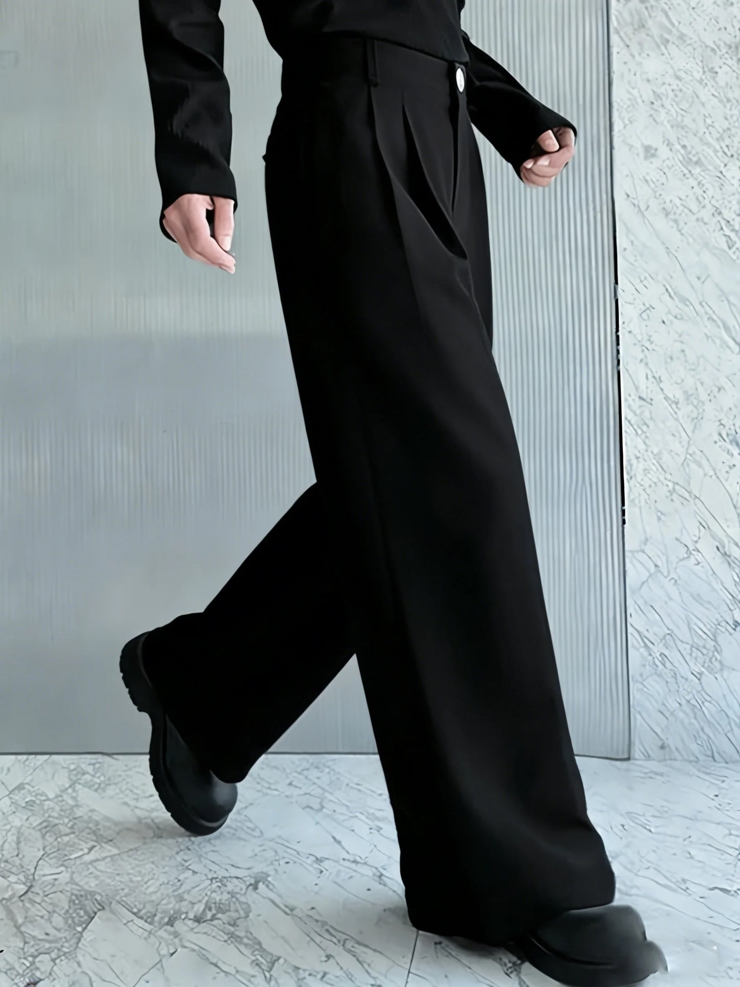 Men's high-waisted double-pleated wide-leg black suit pants, matte fabric loose floor-length trousers, Korean lazy style all-mat